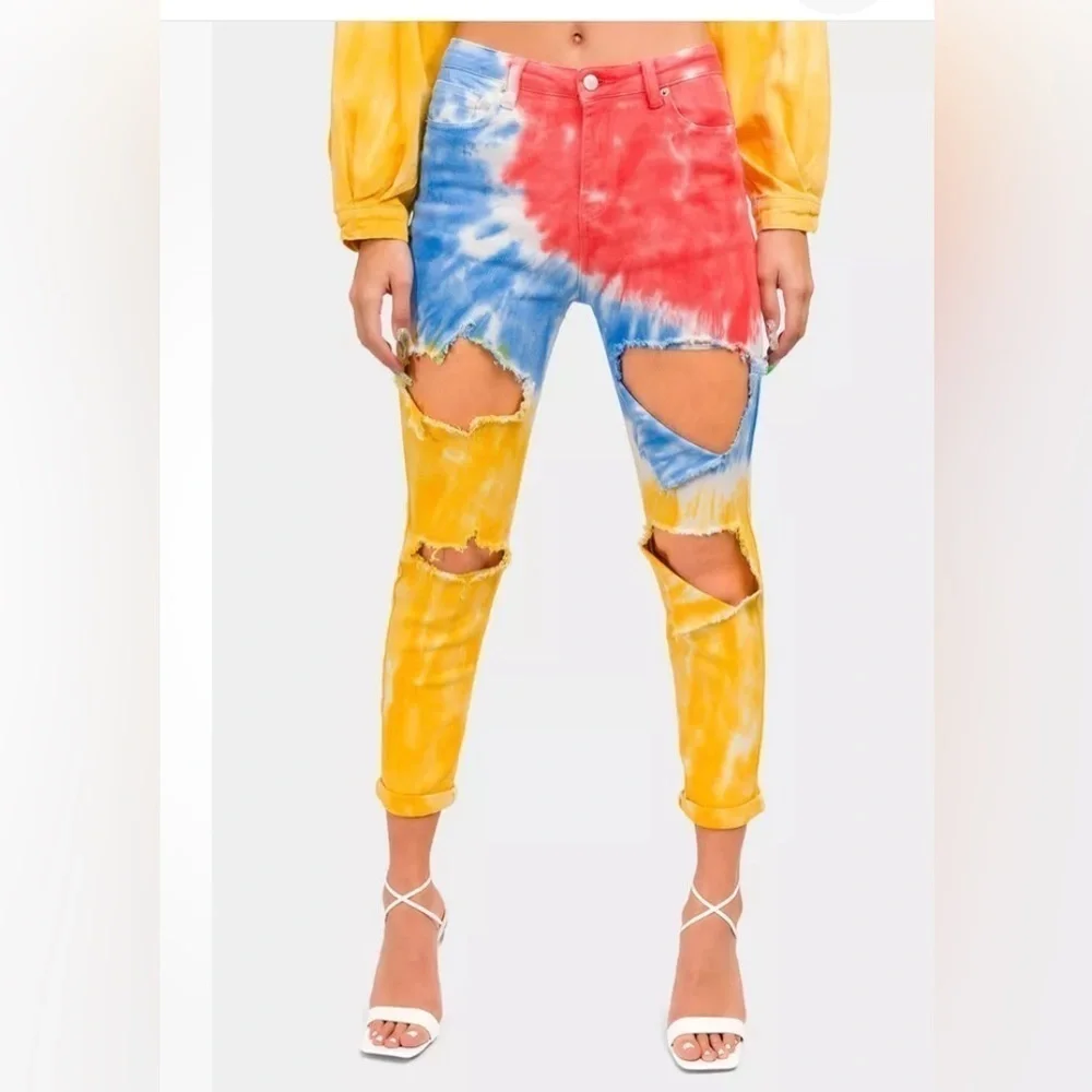 American Bazi Women's Tie Dye Ripped Denim Jacket And jeans size: 1X